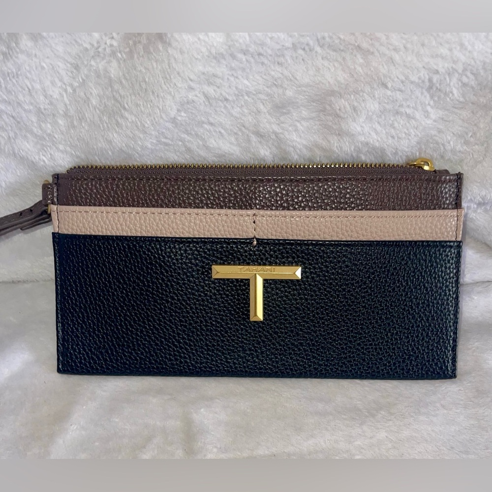 NWOT Tahari Tricolor Leather Zip Wallet - Black, Brown & Beige